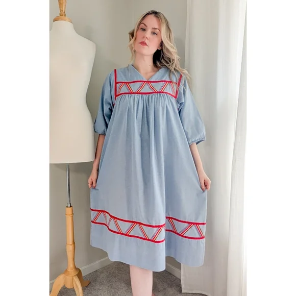 70s Blue Krist Gudnason for Rainbow Trim Cotton 1970s Vintage Midi Shift Dress - Picture 14 of 15